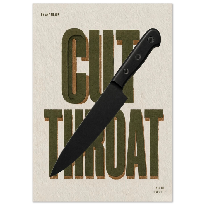 CUT THROAT art print in olive: the words cut throat in worn wood-type with a chef's knife laid across them