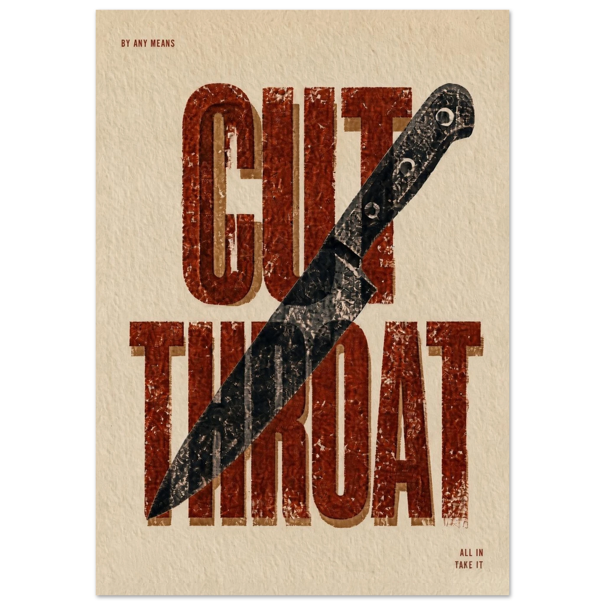 CUT THROAT art print in oxblood: the words cut throat in worn wood-type with a chef's knife laid across them