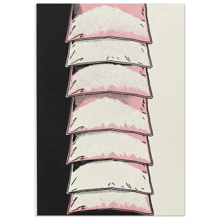 SUGAR STACK art print: a column of nine white sugar bags in pink, cream and black pop art style