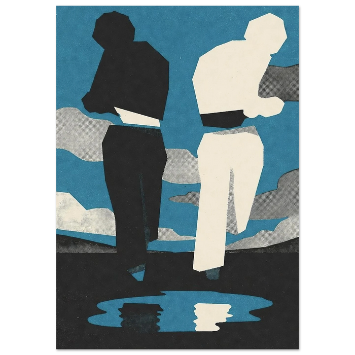TWO SELVES art print: two cut-paper-style figures standing back to back, one black and one white, in blue, black and cream