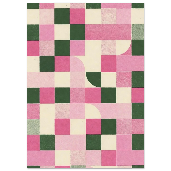 GARDEN GRID art print: an irregular checkerboard of pinks, bottle green and cream