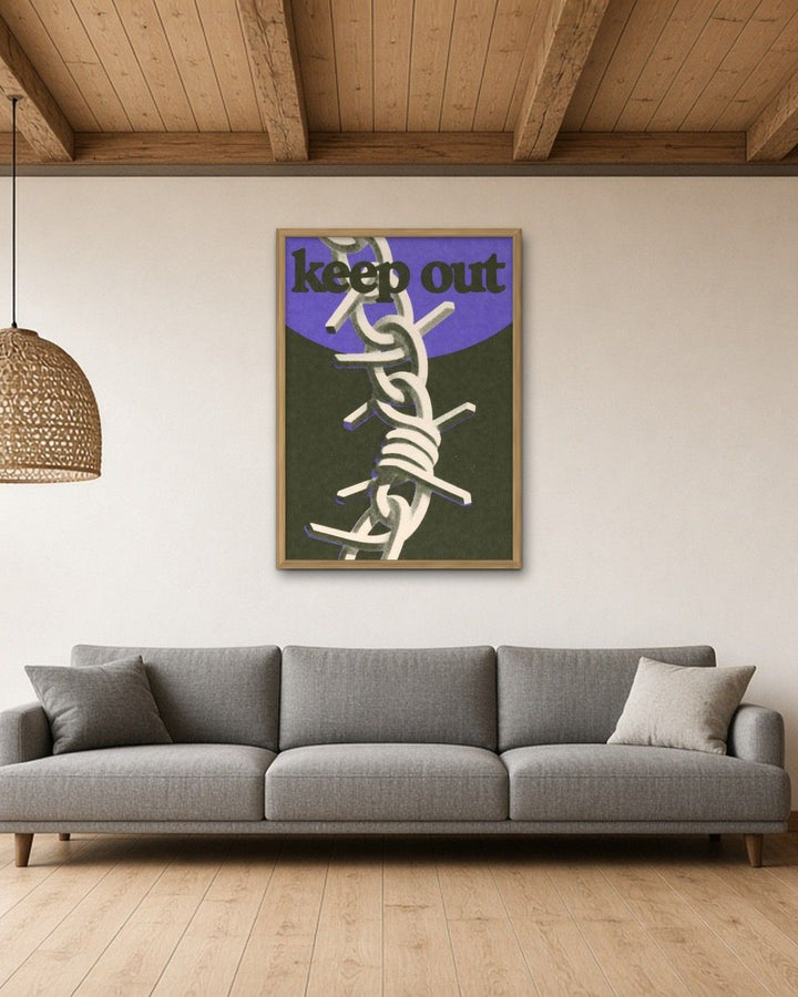 KEEP OUT framed on a wall