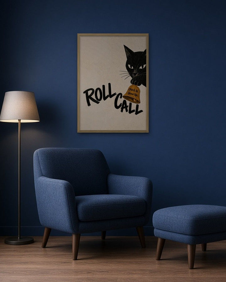 ROLL CALL · Black Cat & Bell framed on a wall