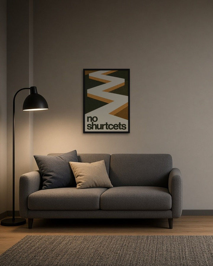 ZIGZAG JOURNEY — NO SHURTCETS framed on a wall