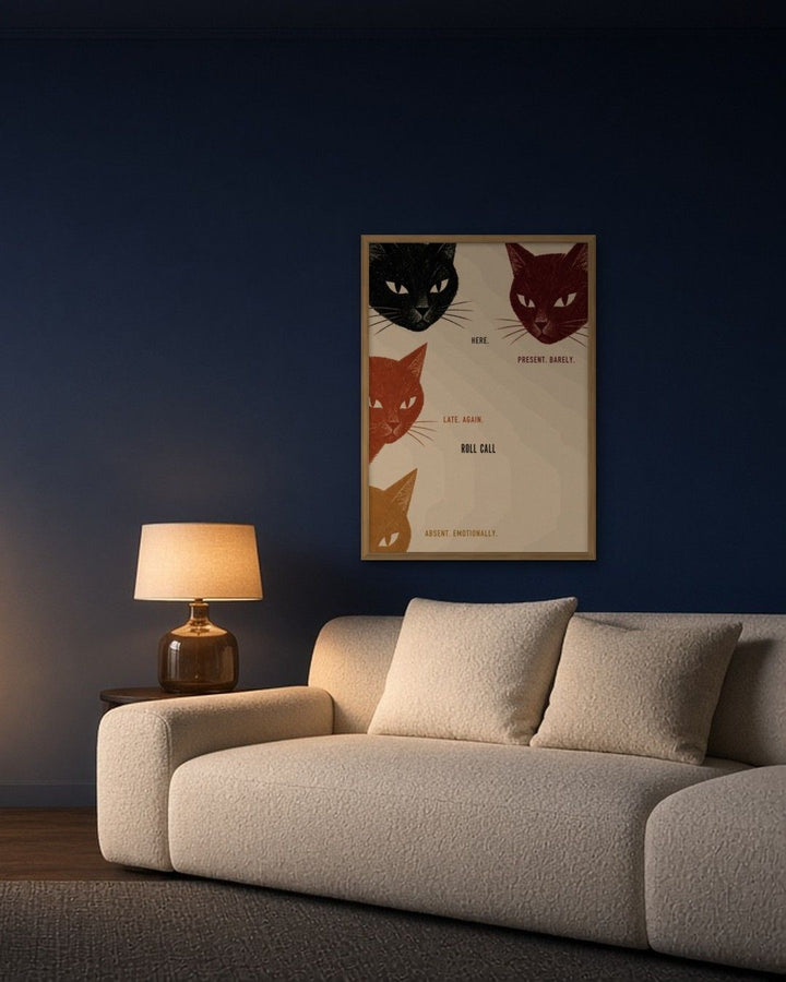 ROLL CALL · Four Cats framed on a wall